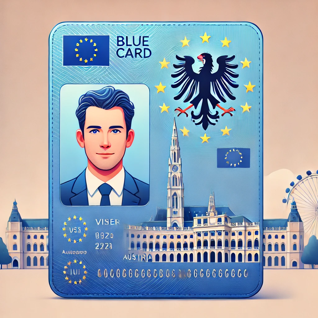 DALL·E 2025 02 20 13.50.42 A professional illustration of a Blue Card EU Blue Card for Austria featuring an official looking design with a European Union emblem Austrian fla
